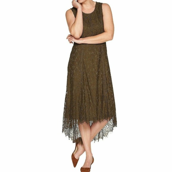 Isaac Mizrahi Dresses & Skirts - Isaac Mizrahi Live! Regular Hi-Low Lace Maxi Dress Lace Detail Olive Sz Large